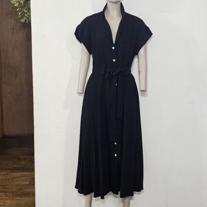 Miou Mouse Chic Black Midi Dress with Button Detail Size L Short Sleeve